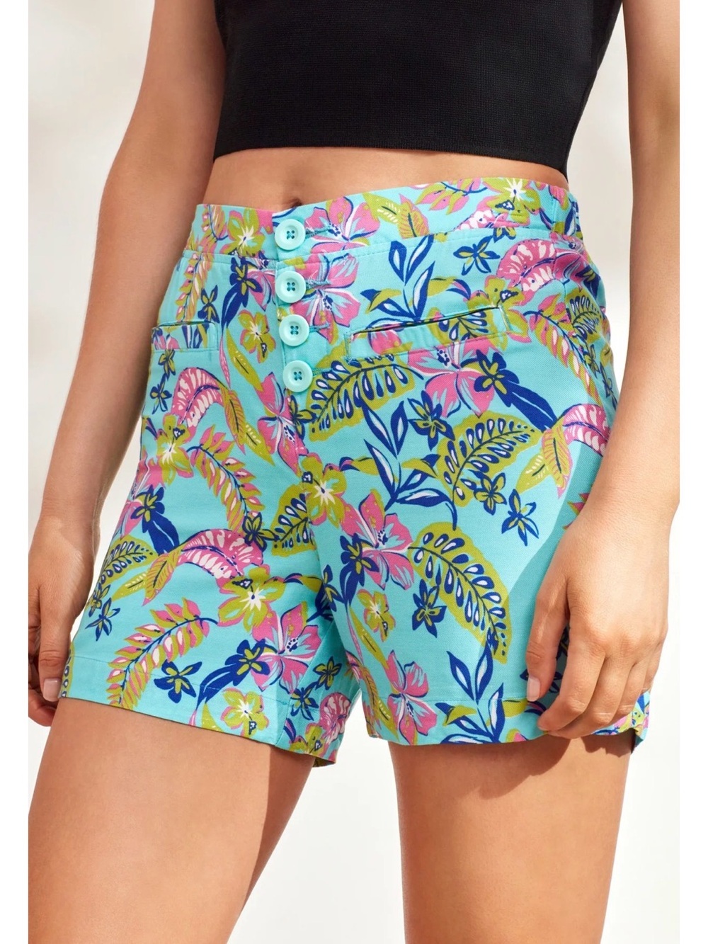 Caribbean Joe Turquoise Floral High-Waist Shorts
